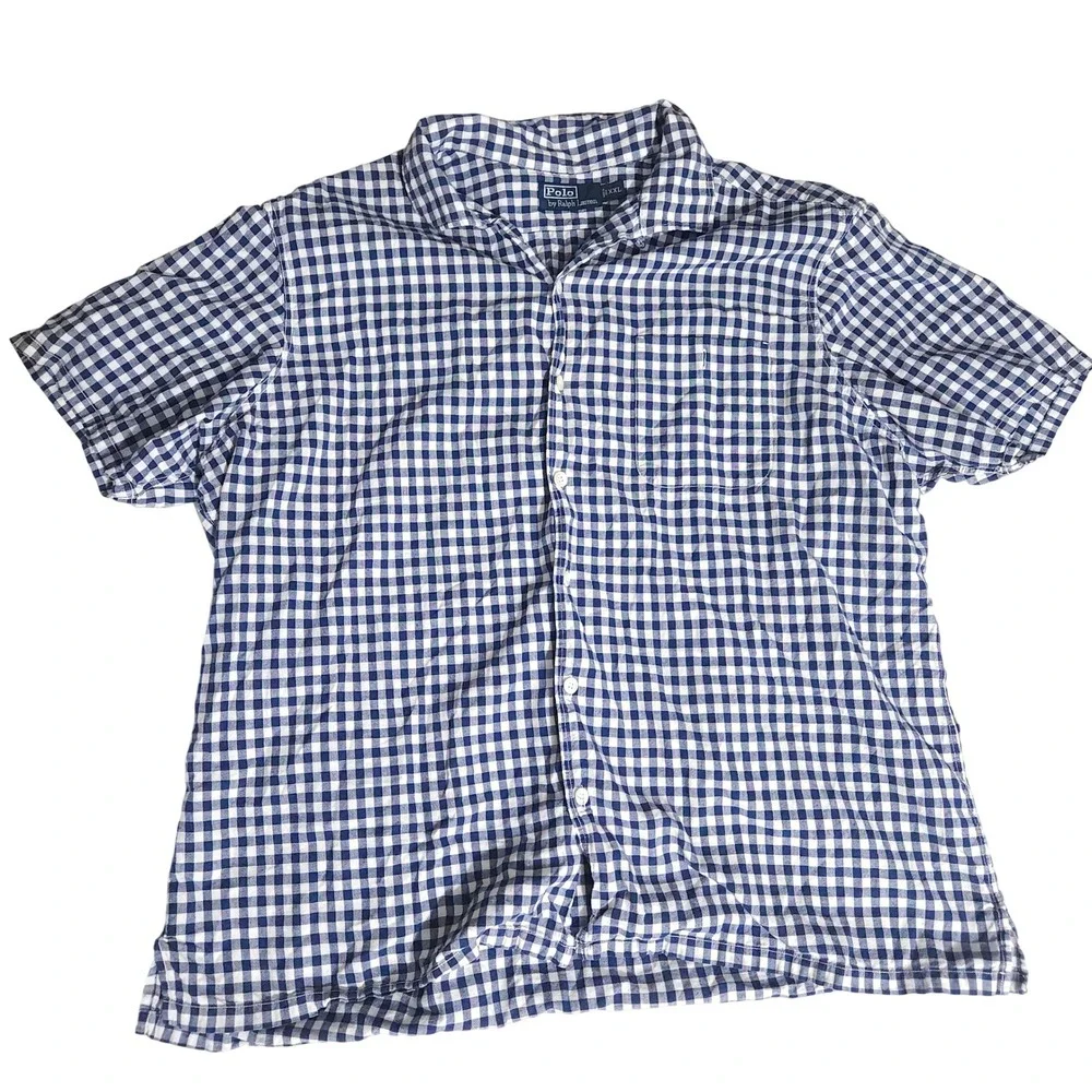 Polo Ralph Lauren Mens XXL Blue White Gingham Short Sleeve Button Down Shirt